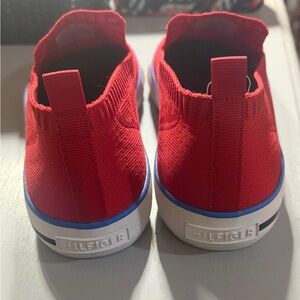 Tommy Hilfiger Kids Red Knit Slip-On Sneakers with Blue Trim